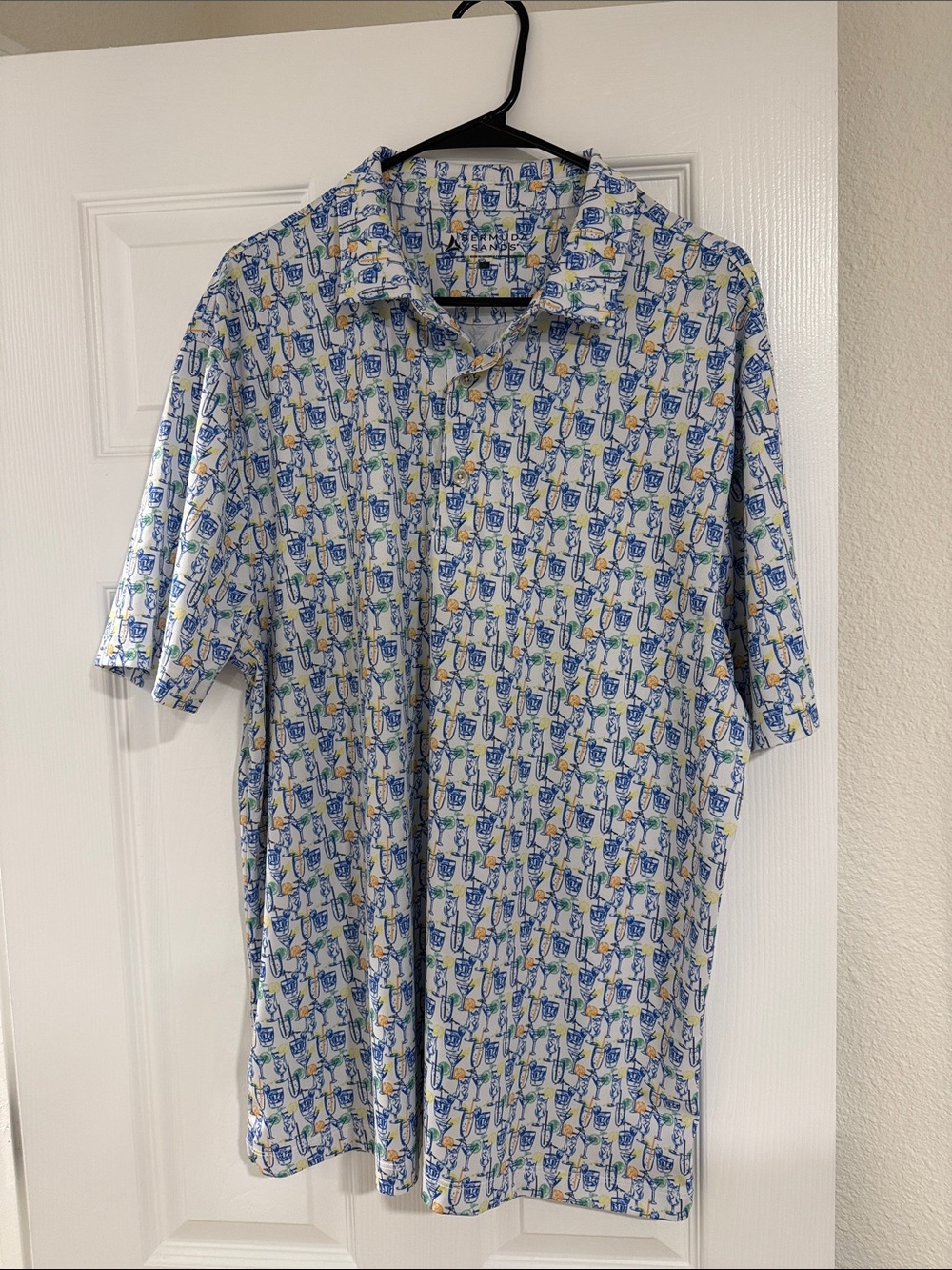 Bermuda Sands White Shirt with Blue & Yellow Tropical Cocktail Print